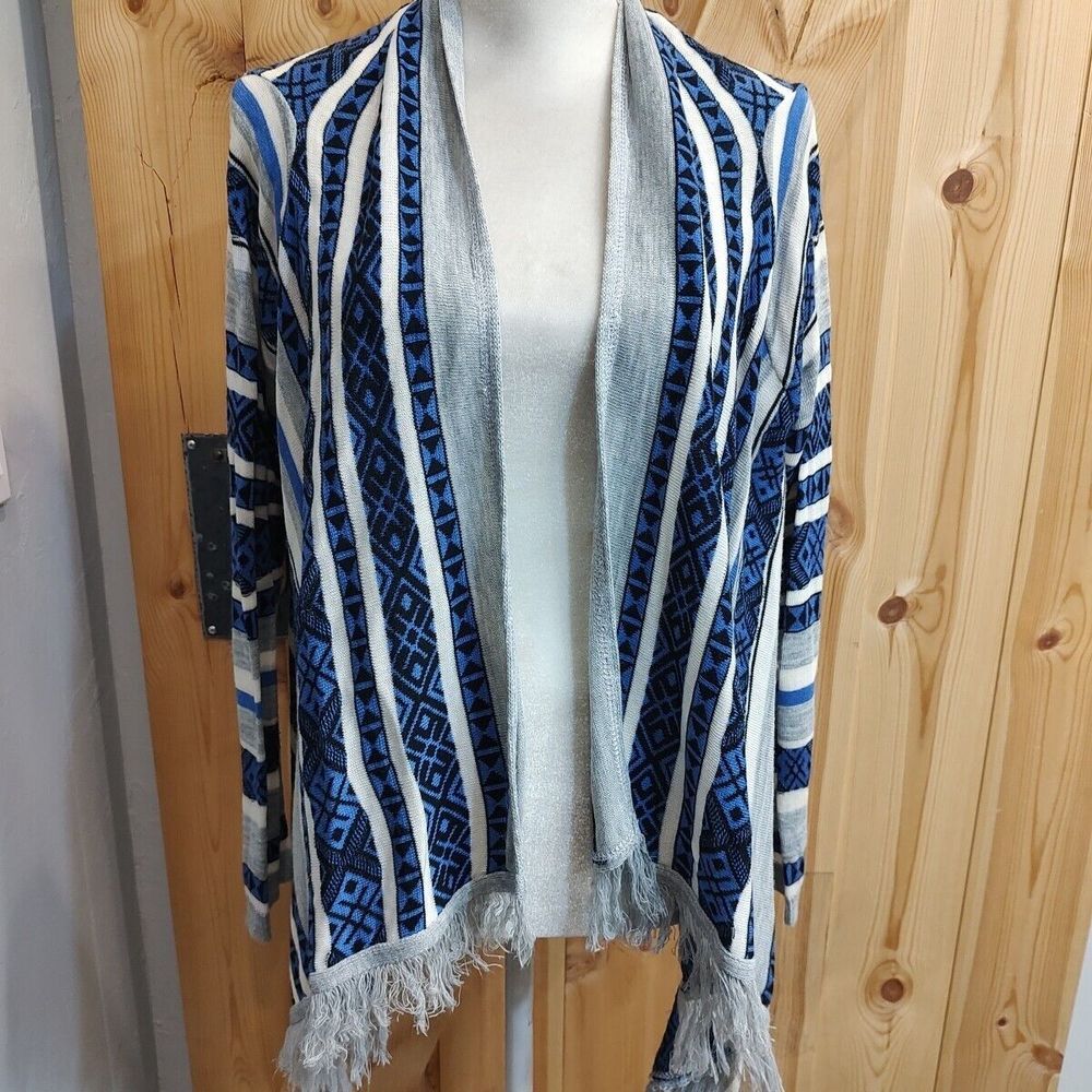 Fresh Womens Fringed Open Cardigan Vest Sweater Sz Large Grey Blue All Weather